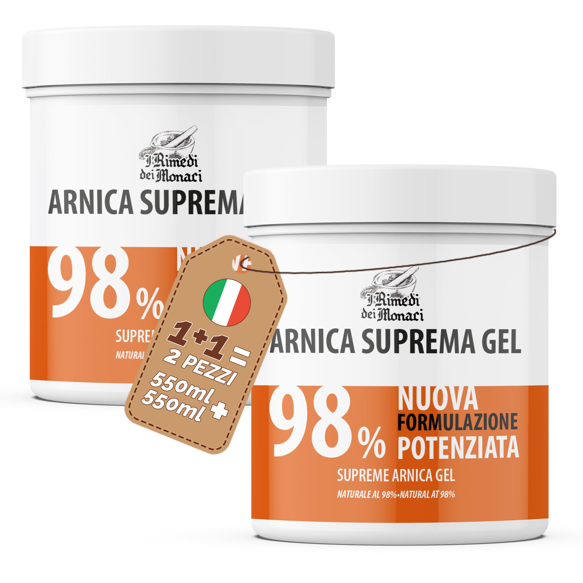 Arnica Suprema per Cavalli Uso Umano Forte 98% Gel per Massaggi Rilassanti con Lavanda, Menta, Vitamina E, Crema Arnica per Muscoli e Articolazioni 100% Made in Italy - I Rimedi dei Monaci 2x550ml