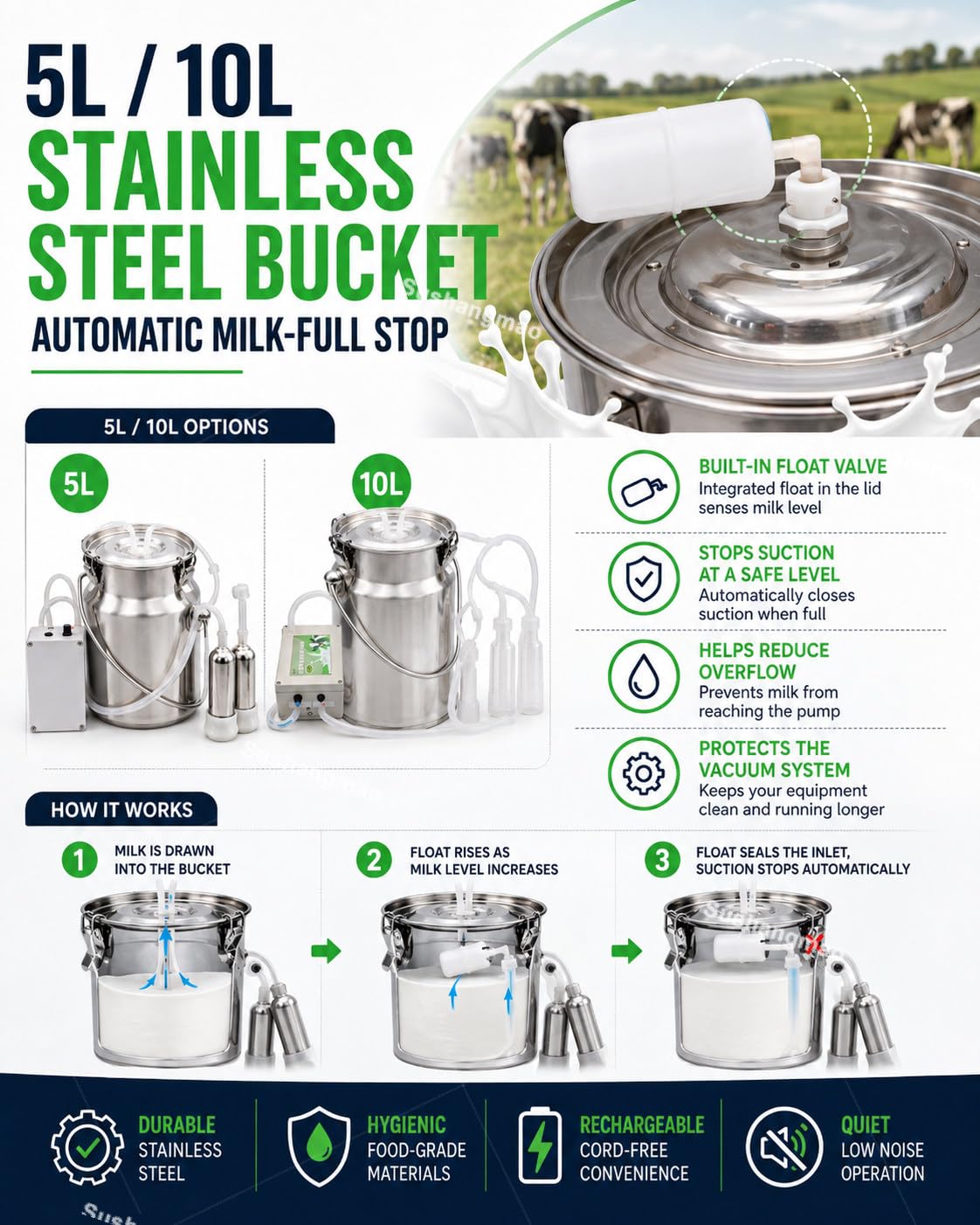Mungitrice Elettrica 5L/10L per Mucche e Pecore 10L-Cattle | Batteria 5200mAh Senza Fili e Rete, Valvola a Galleggiante Auto-Stop e Secchio Inox per Piccole Fattorie