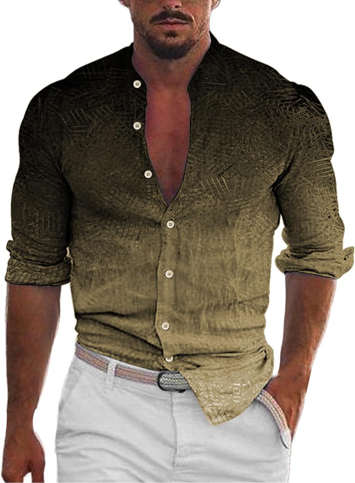 Men's Button Down Dress Shirts Slim Fit Solid Roll Up Long Sleeve Stand Collar Casual Gradient Color Shirt Tops 70s Disco Retro Clubwear