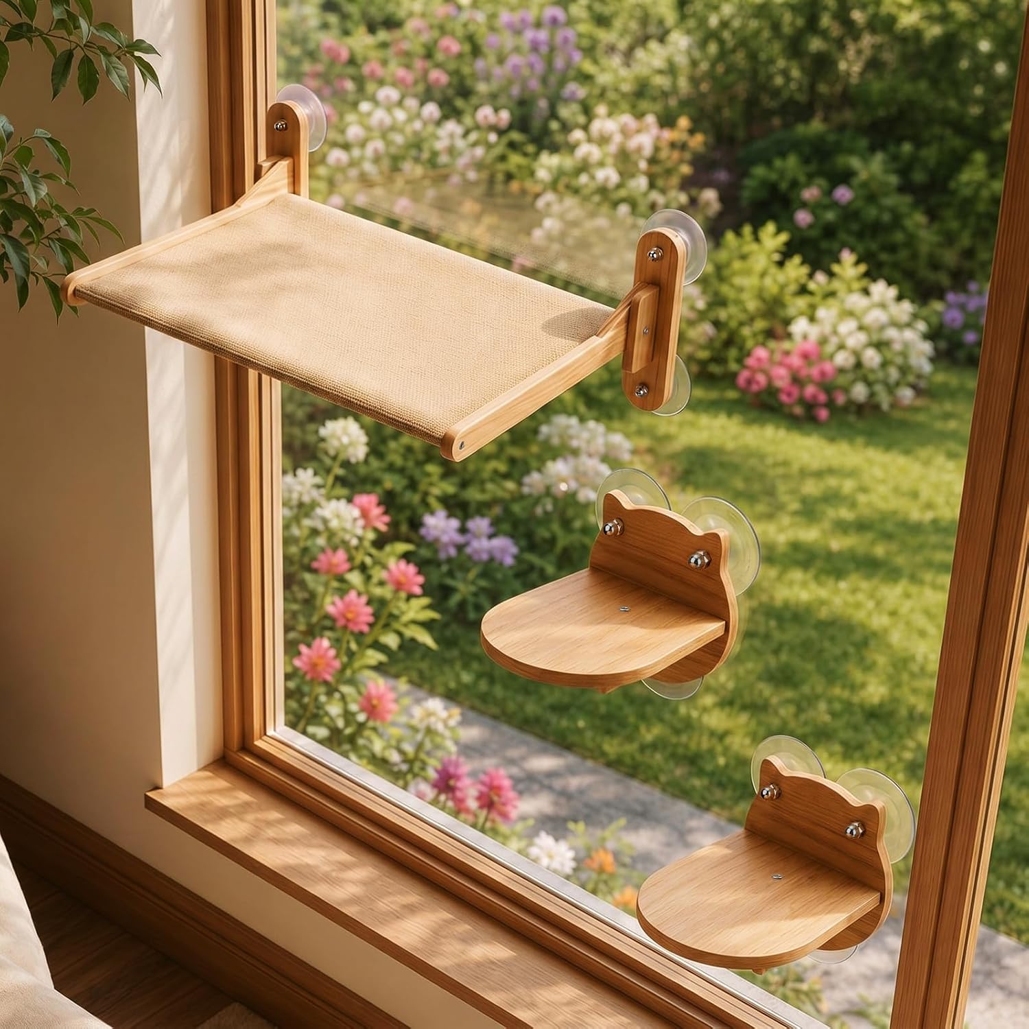 Novabright 3 Pcs Cat Window Perch Set with Hammock and 2 Cat Steps Wood Wall Shelves with Sturdy Suction Cup Mount Space-Saving Shelf for Indoor Window Bed for Sunbathing Bird Watching