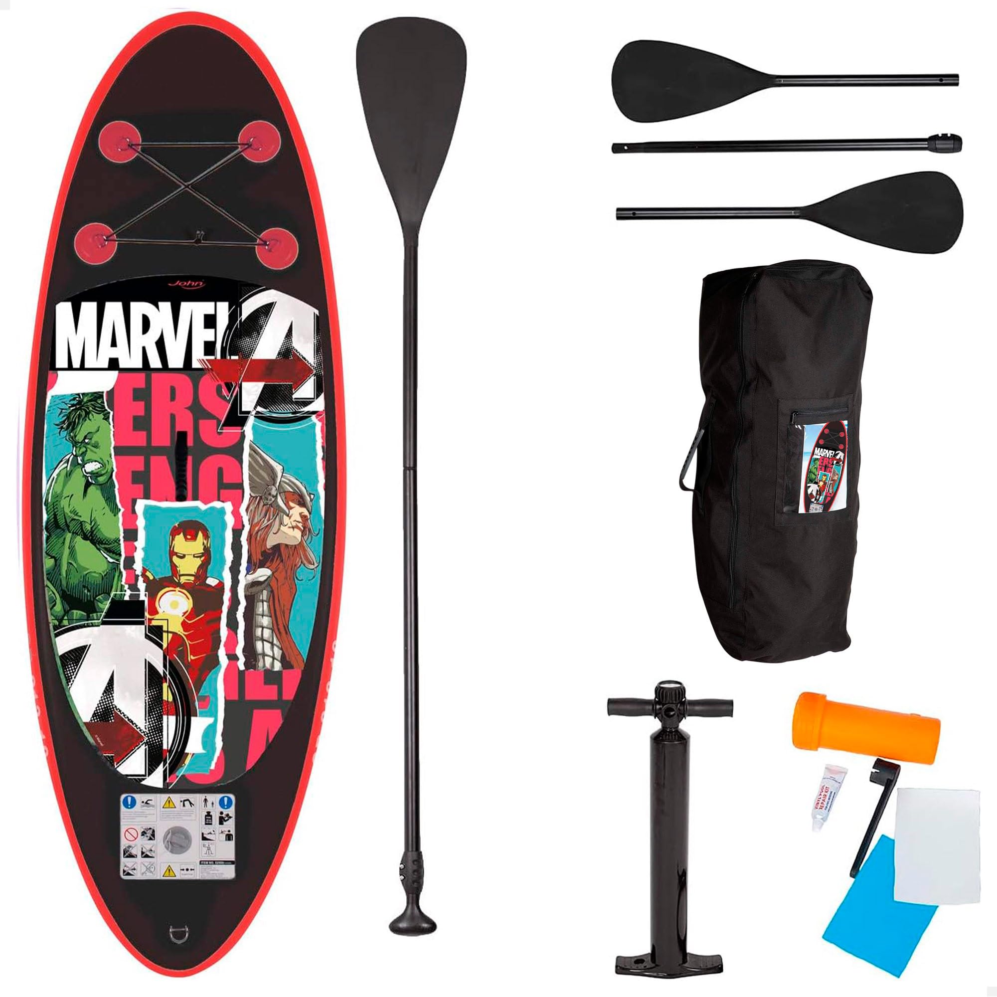 Aktive John Tabla de Paddle Surf Hinchable para niños, diseño Marvel Avengers, para Principiantes, 8-14 años (máximo 60 kg), Incluye Remo 2 en 1, hinchador, Bolsa Transporte, Kit reparación (62402)