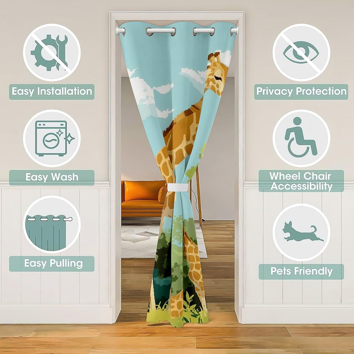 Cartoon Giraffe Door Curtain Cute Tropical Wild Animal Blackout Doorway Curtain Blue Sky Jungle Trees Closet Curtain Tallest Neck Animal Drape for Bedroom Privacy 1 Panel 52" W X 80" L