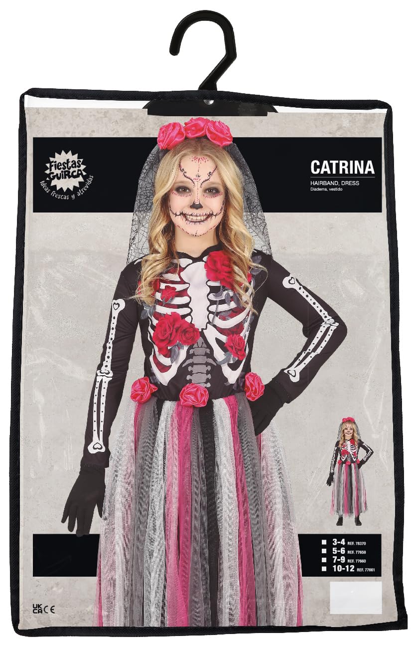 FIESTAS GUIRCA Pink Day of the Dead Fancy Dress Costume - Long Dress and Headband with Flowers for Girls 7-9 Years - Image 4