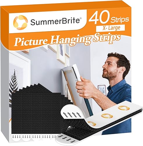 Miniatura 32 de Tiras para colgar cuadros, ganchos sin clavos, tiras de cinta adhesiva para sala de estar, color blanco, 40 pares grandes (80 tiras)