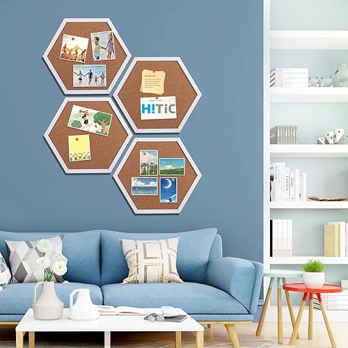 Miniatura 2 de WAYHOUL Tablón de anuncios de corcho para paredes, tablero hexagonal de 12 pulgada de grosor para paredes con marco, corchos pequeños blancos con 10