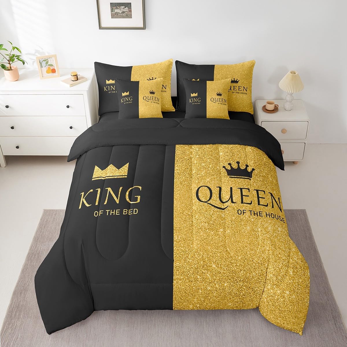 Feelyou Golden Black King Queen King Size 7 Piece Bedding Set, Glitter Crown Queen King Bed Set Woman Mr Mrs Bed in a Bag Couple Lover Bed in a Bag with Comforter, Sheets, Pillowcases & Cushion Cover