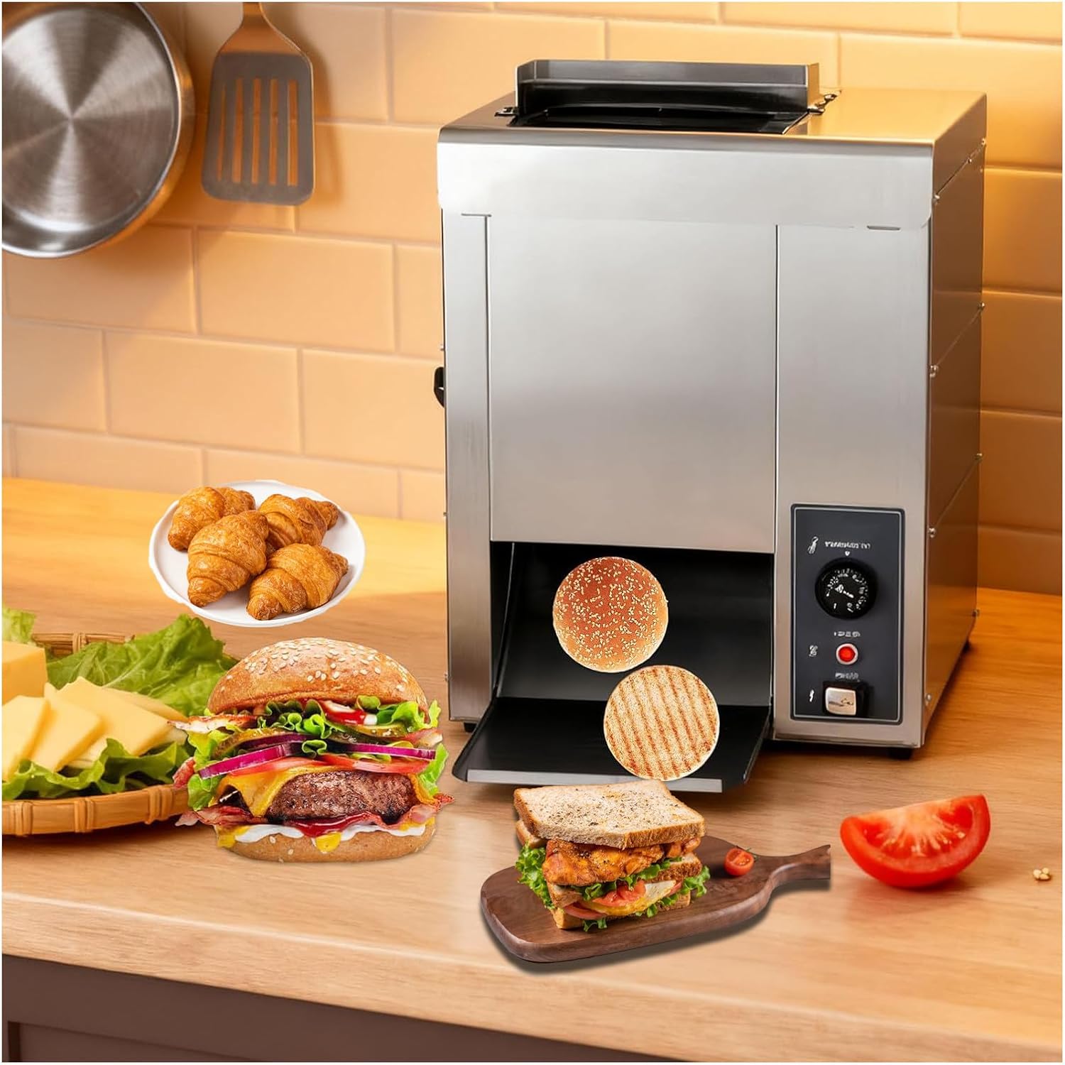 Automatic Hamburger Bun Toaster Adjustable Temperature and Thickness,Vertical Bun Toaster with 304 Stainless Steel Construction, 2000W Commercial Toaster for Sandwich & Burger Bun