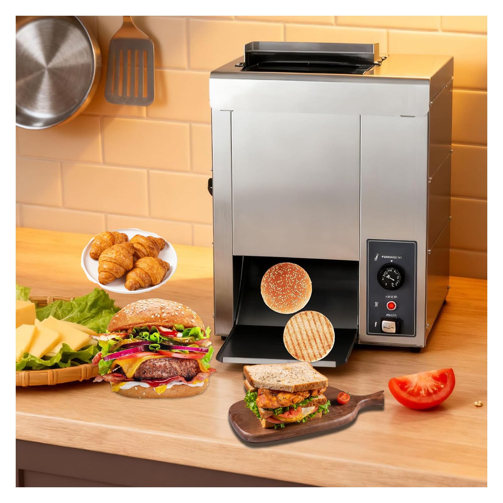 Tostador de Pan Vertical Temperatura Ajustable 50-300°C, Máquina Hacer Hamburguesas 2000W Power, Plancha Profesional Acero Inoxidable 304