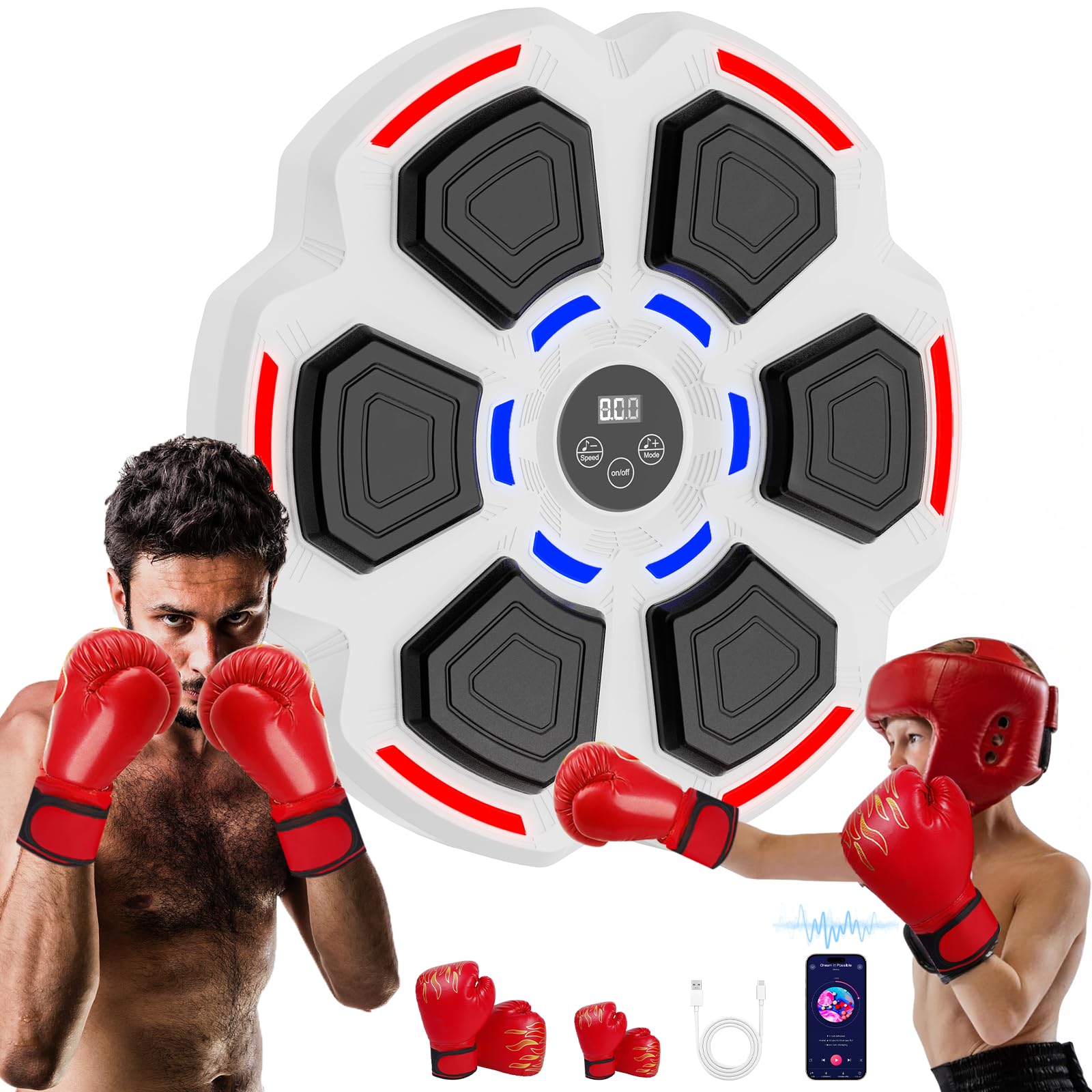 music boxing machine with 2 pack boxing gloves, wall mounted smart boxing equipment for adults & kids, music punching machine for home (white)