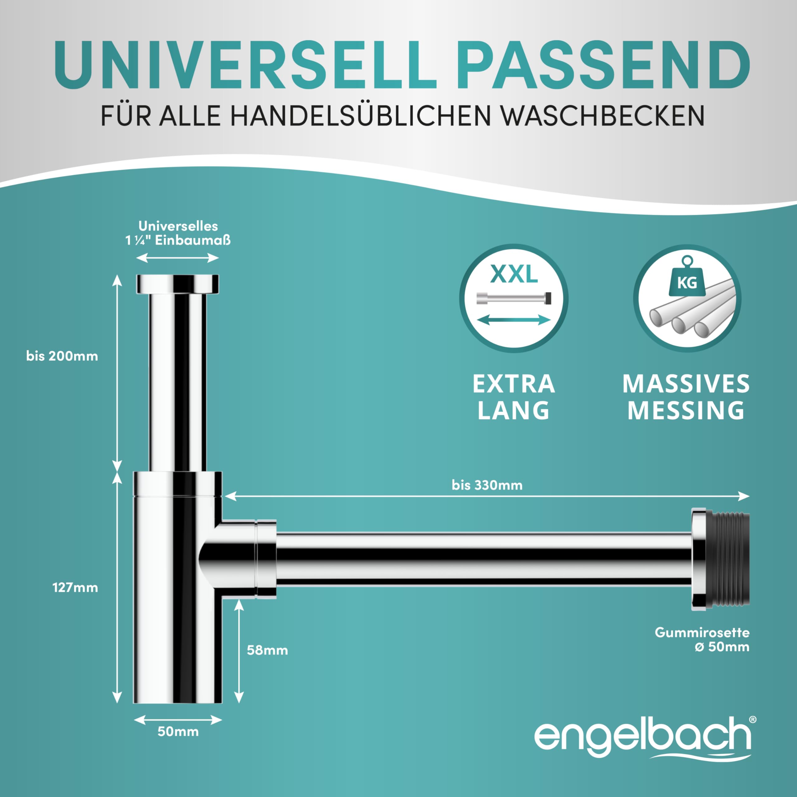 Engelbach® Design Siphon für Waschbecken & Waschtisch - Mit Reinigungsöffnung - Universal Abflussrohr 1 1/4" - Geruchsverschluss, Syphon inkl. Gummimanschette und Anleitung