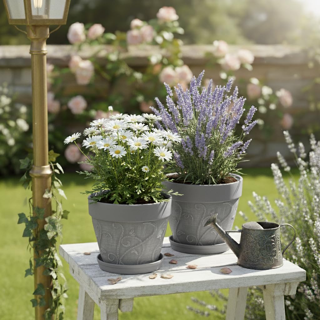 ZMTECH 25 cm Pots avec Soucoupes et Trous de Drainage, Pot de Plante Plastique Aspect Terre Cuite, Pot de Fleur Grand avec Plateau pour Plantes d'Intérieur Extérieur (Gris, Lot de 2)