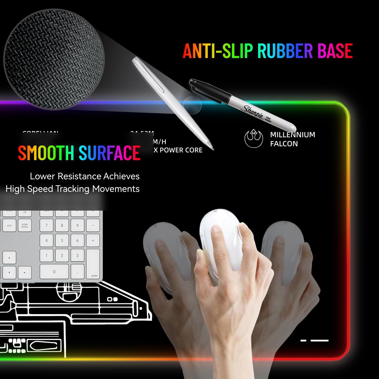 Alfombrilla de mouse RGB LED para juegos, teclado grande, lindo ordenador de sobremesa, portátil, 14 luces, XXL, largo, gigante, grande, fresco, diseño moderno, único para hombres, niños,