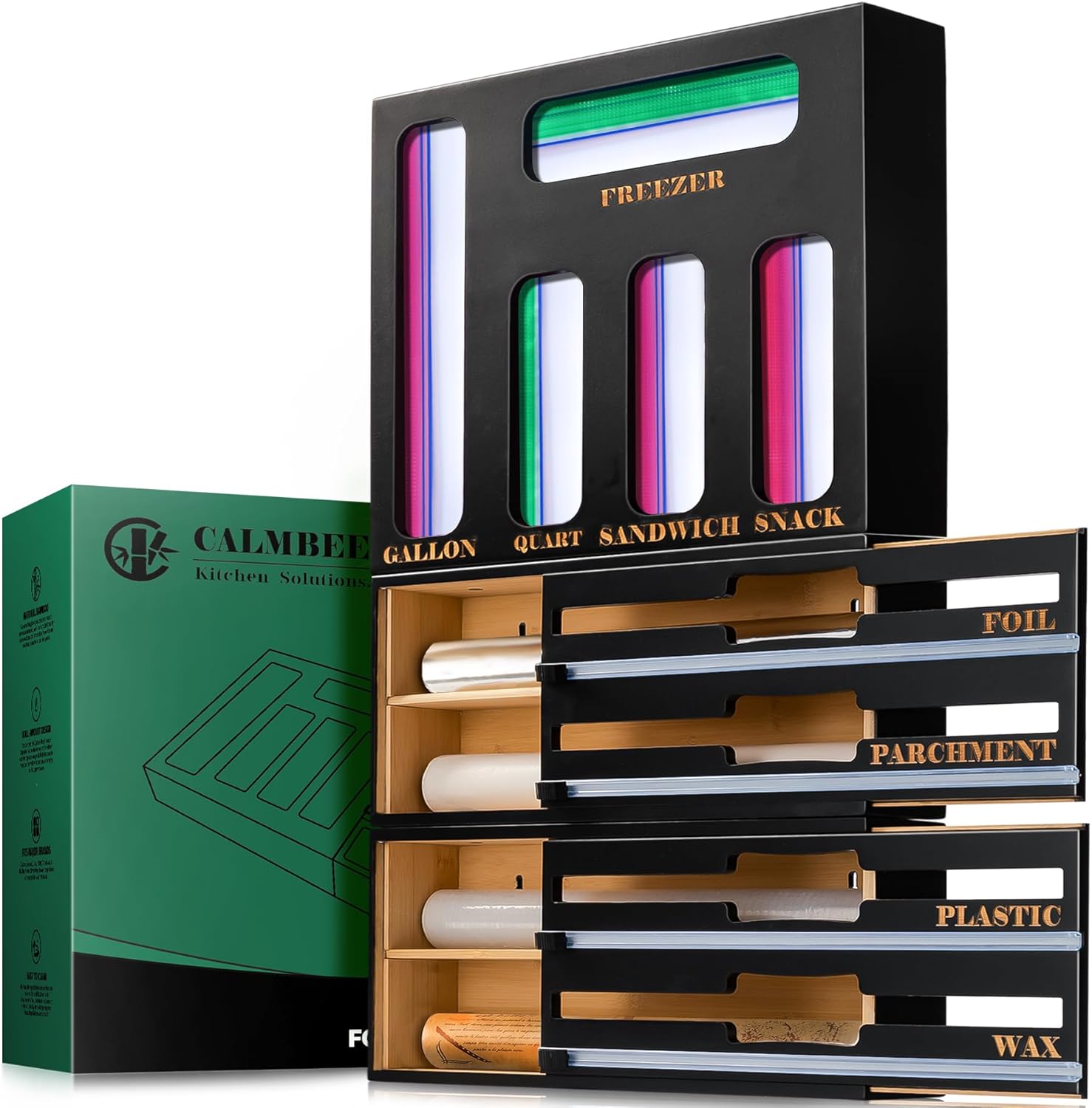 Calmbee Storage Bag Organizer and Wrap Dispenser with Cutter, 2024 New 9 IN 1 Bamboo Foil and Plastic Wrap Organizer for Kitchen Drawer (Black)…