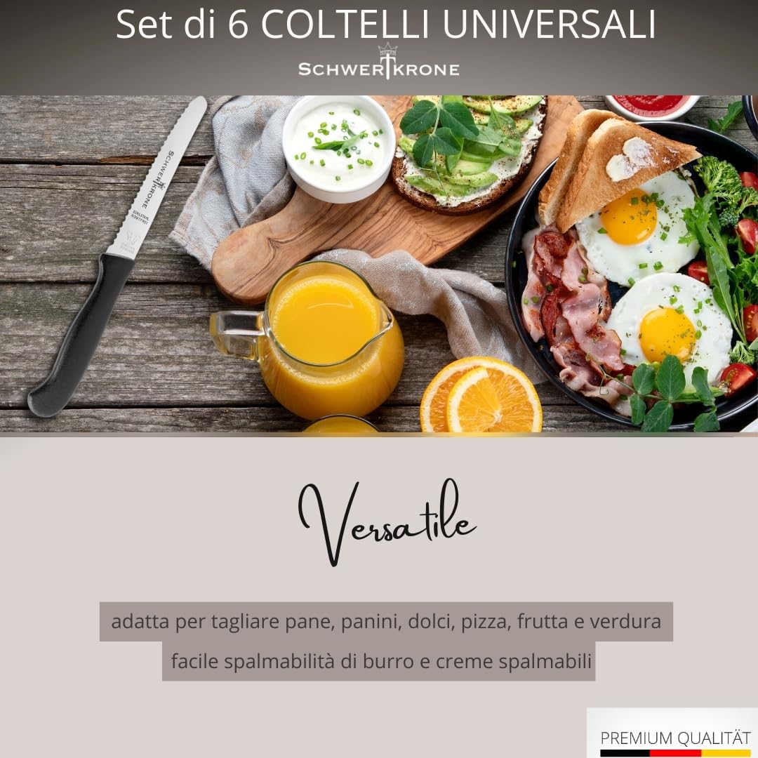 Schwertkrone Solingen Set di 6 Coltelli da Tavola - Acciaio Inox - per Pane, Panini, Verdure ecc. - Coltelli da Colazione - Prodotti in Germania