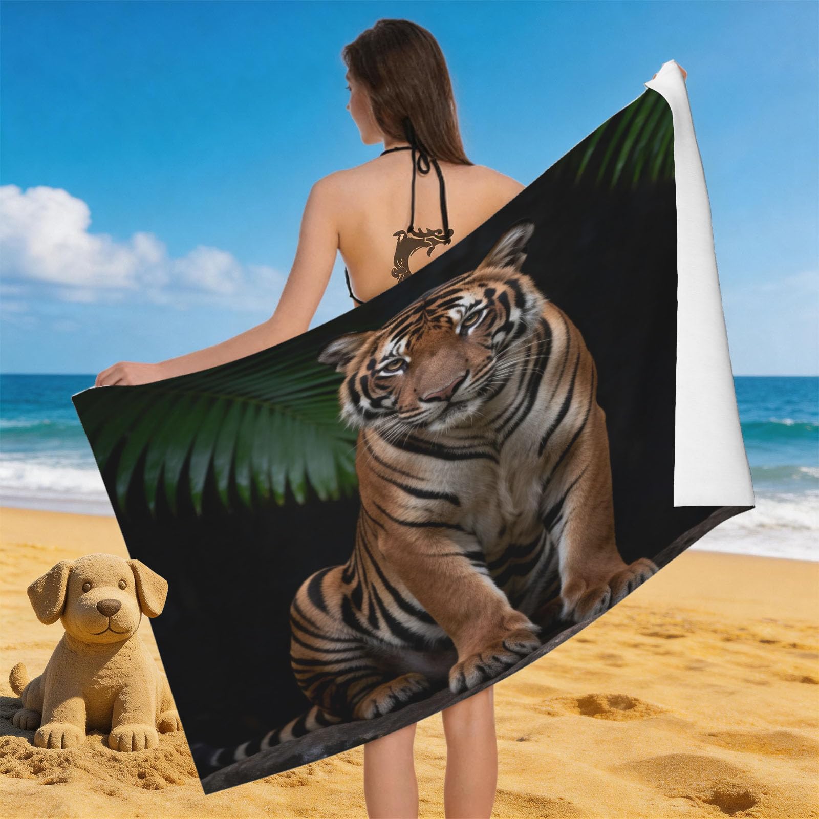 Leichong 3D Tiger Printed Beach Towel Large Microfiber Soft Quick Dry for Adults, Wild Animal Bath Towel Lightweight Soft Absorbent for Travel Swimming Pool Sports, 80 x 160 cm