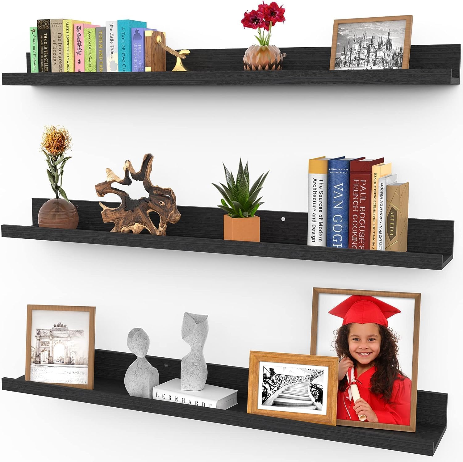 Icona Bay 36 Inch Floating Shelves for Wall, Set of 3 in Ebony Black, Modern Rustic Style, Wall Mounted Display Shelves, Picture Ledges 36" Ebony Black