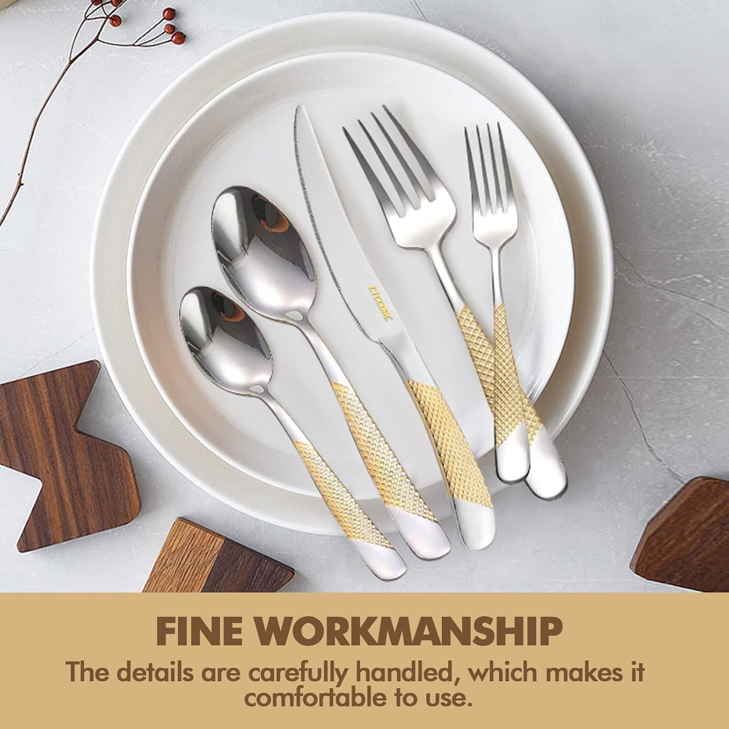 40-Piece Silverware Set, Luxury Gold Silverware Kitchen Flatware Sets Service for 8, Premium Cutlery Utensil Set with Dinner Knife Spoon Fork Set, Durable Stainless Steel Tableware Sets