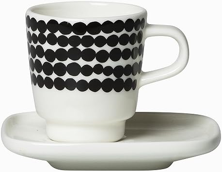 MARIMEKKO Oiva Rasymatto Stoneware Espresso Cup and Saucer Set Refine Your Kitchen Decor w/Our Iconic White Stoneware Stylish & Classic Espresso Cups to Elevate Your Coffee Experience 1.76 oz