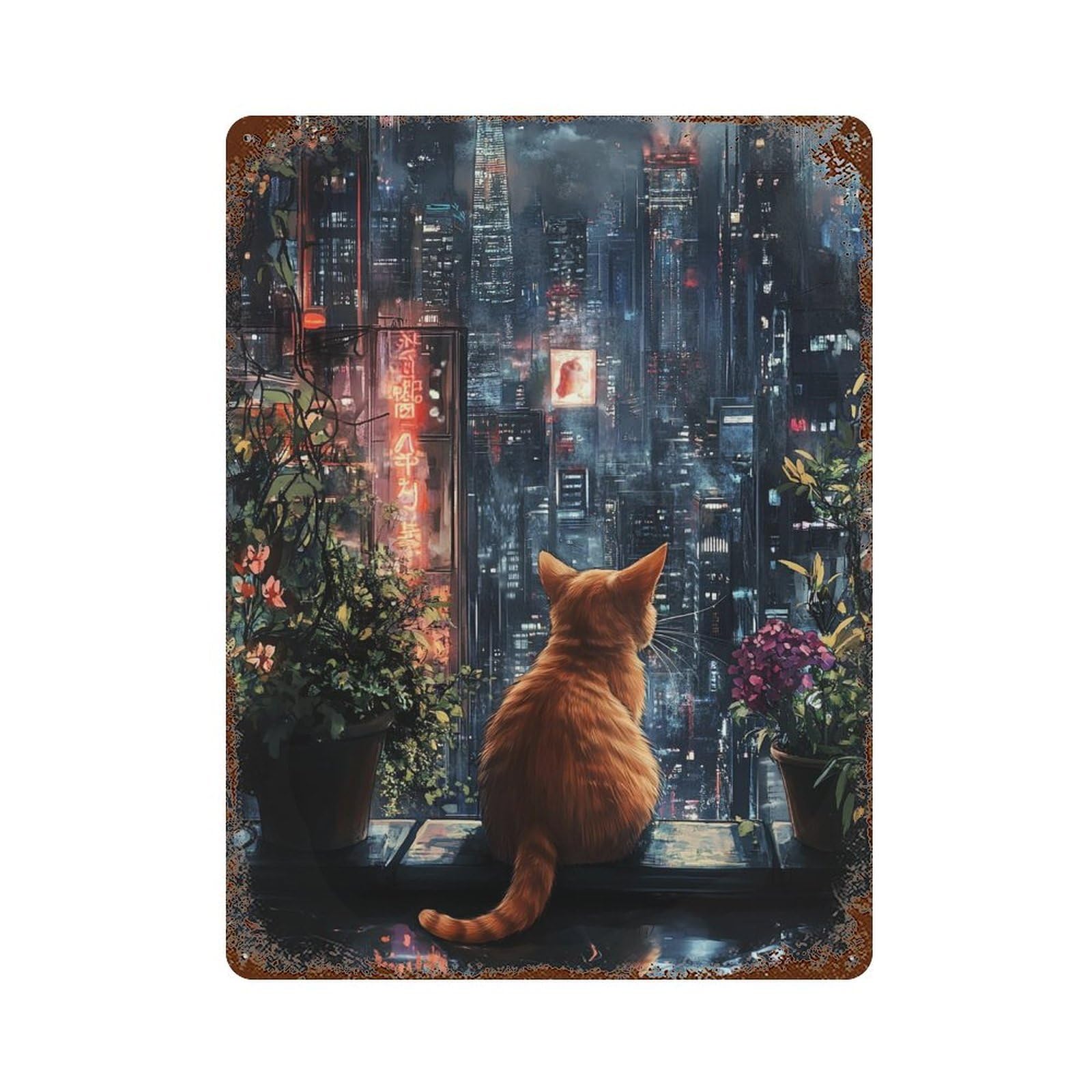 Rust Effect Cityscape Cat Reflection Weathered Tin Sign 15.7"x11.8", Farmhouse Wall Decor for Farmhouse, Kitchen And Entryway Decor