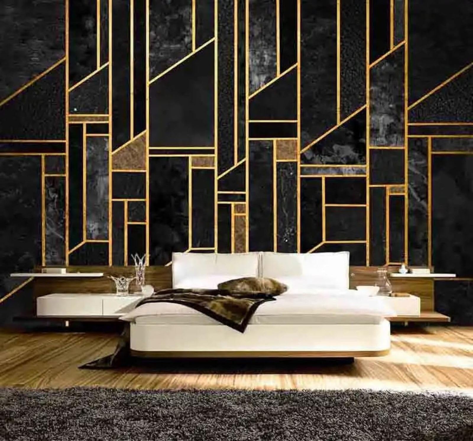 Tzxztt Luxury Gold Black Abstract Geometric Modern 3D Wallpaper Premium Textured Silk Neutral Tones Material Ideal for Living Room Bedroom-430cm×300cm