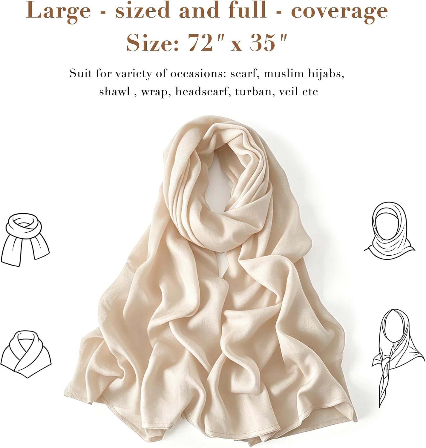 Beige Muslim Hijab for Women, 70% Polyester 30% Linen Headscarf, 72.83" x 31.50" Breathable Modest Shawl Wrap for Daily Ramadan