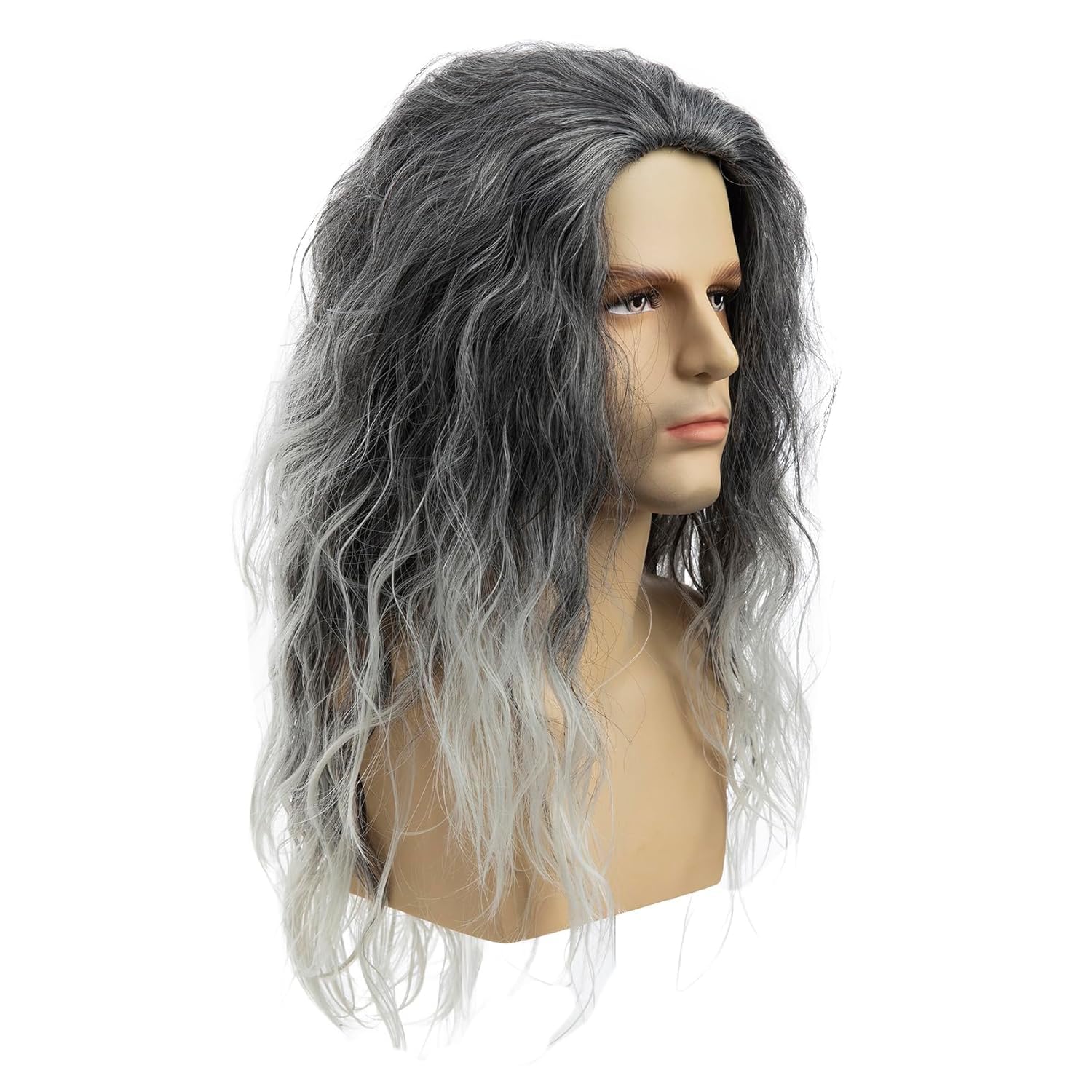 Sallcks Mens Long Curly Grey Wig Middle Part 2 Tones Synthetic Cosplay Costume Halloween Wig for Men