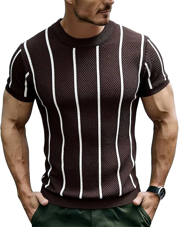 Camiseta de manga corta a rayas de punto para hombre, cuello redondo casual, suéter ajustado, texturizado acanalado, pullover