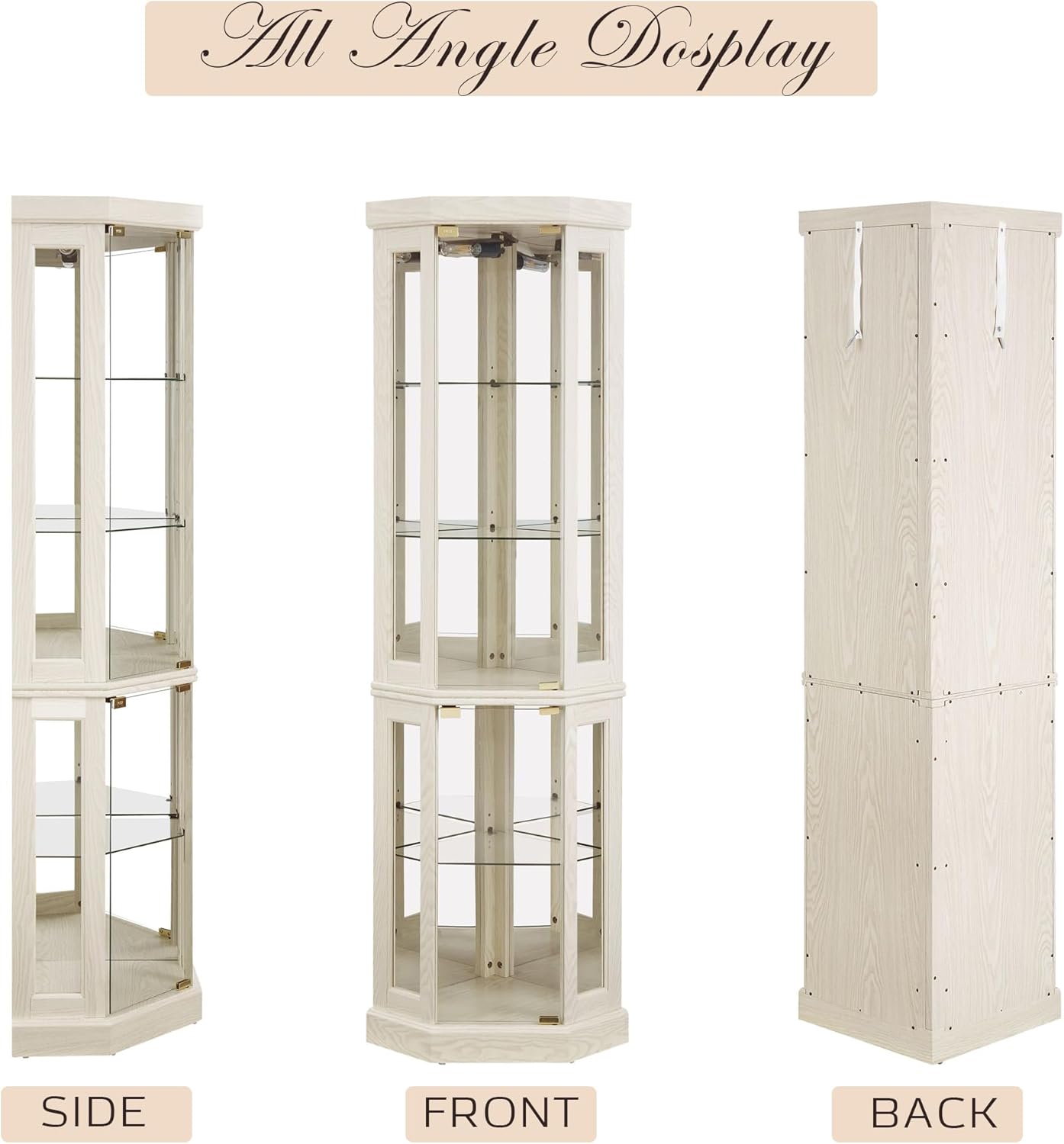 70" Lighted Corner Curio Cabinet, Curved Wood China Display Case with Tempered Glass Doors & Adjustable Shelves, Light Bulb Included, Tall Wine Storage Rack for Bar and Liquor Storage (White)