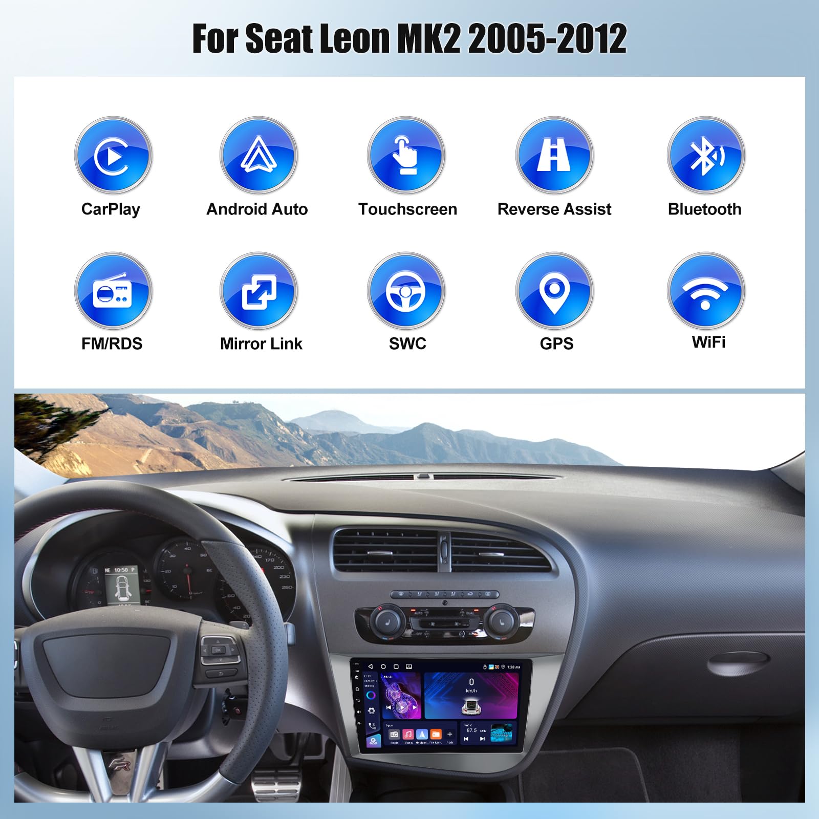 Roinvou 4+64G Android 15 Autoradio Pour Seat Leon MK2 2005-2012 Sans Fil CarPlay Android Auto MirrorLink, 9 Pouces Écran Tactile Radio Avec Bluetooth WiFi GPS 32EQ FM/RDS SWC Camera De Recul