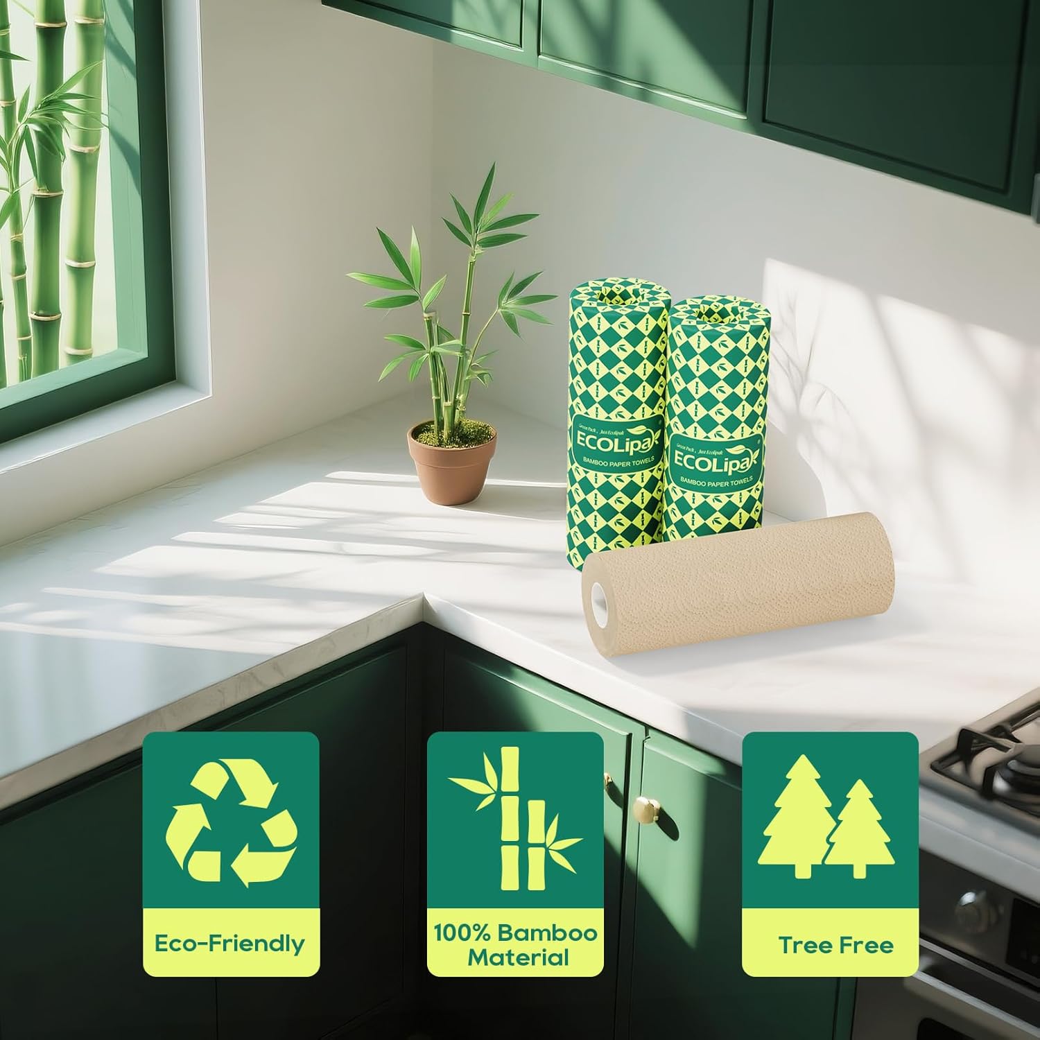 ECOlipak Paper Towels - 8 Rolls, 2 Ply 120 Sheets- Plastic Free, Tree Free, Compostable, Disposable Kitchen Paper Towels, Soft and Absorbent, PFAS Free, Nature