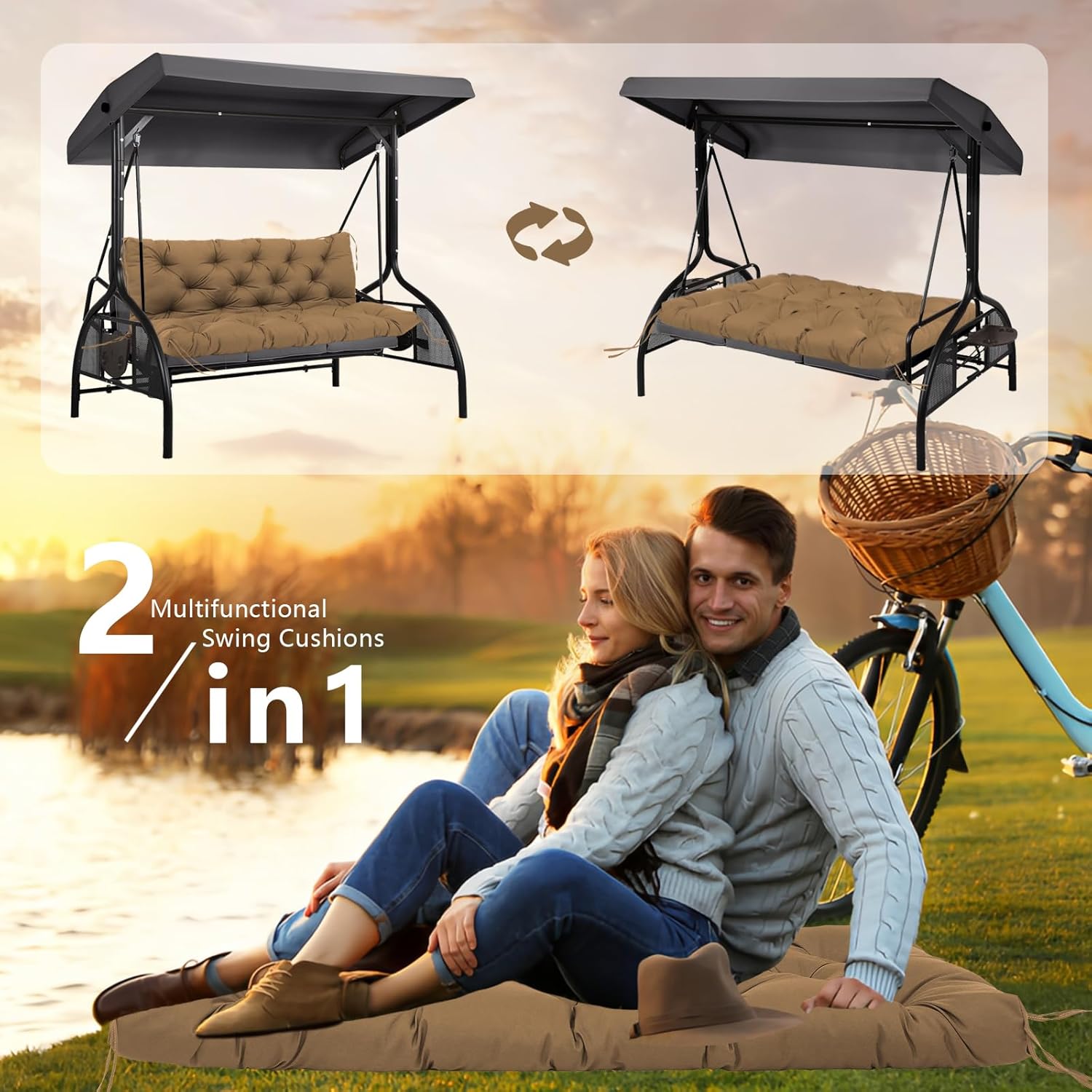 5" Thick Waterproof Porch Swing Cushion 60 x 40 in 3 Seater Replacement Outdoor Swing Cushions with Back Support Patio Swing Cushion for Outdoor Bench Furniture