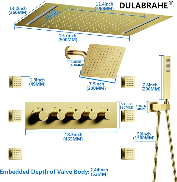 Thermostatic Shower System & Body Jet 14X20 Ceiling LED Rain Shower Head