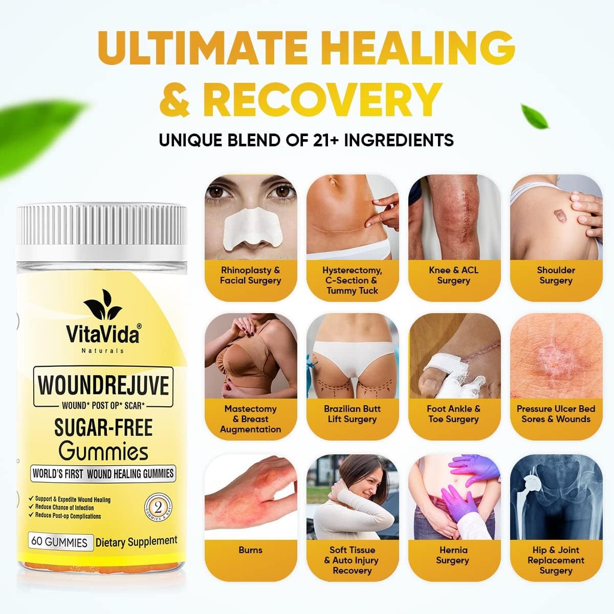 VVNATURALS Sugar-Free Pre&Post Surgery Recovery Gummies, Over 20+ Nutrients for Wound Healing, General &Plastic Surgery, Scar &Wound Care,Heal Faster with Bromelain, Arnica, Turmeric &More |60 Gummies