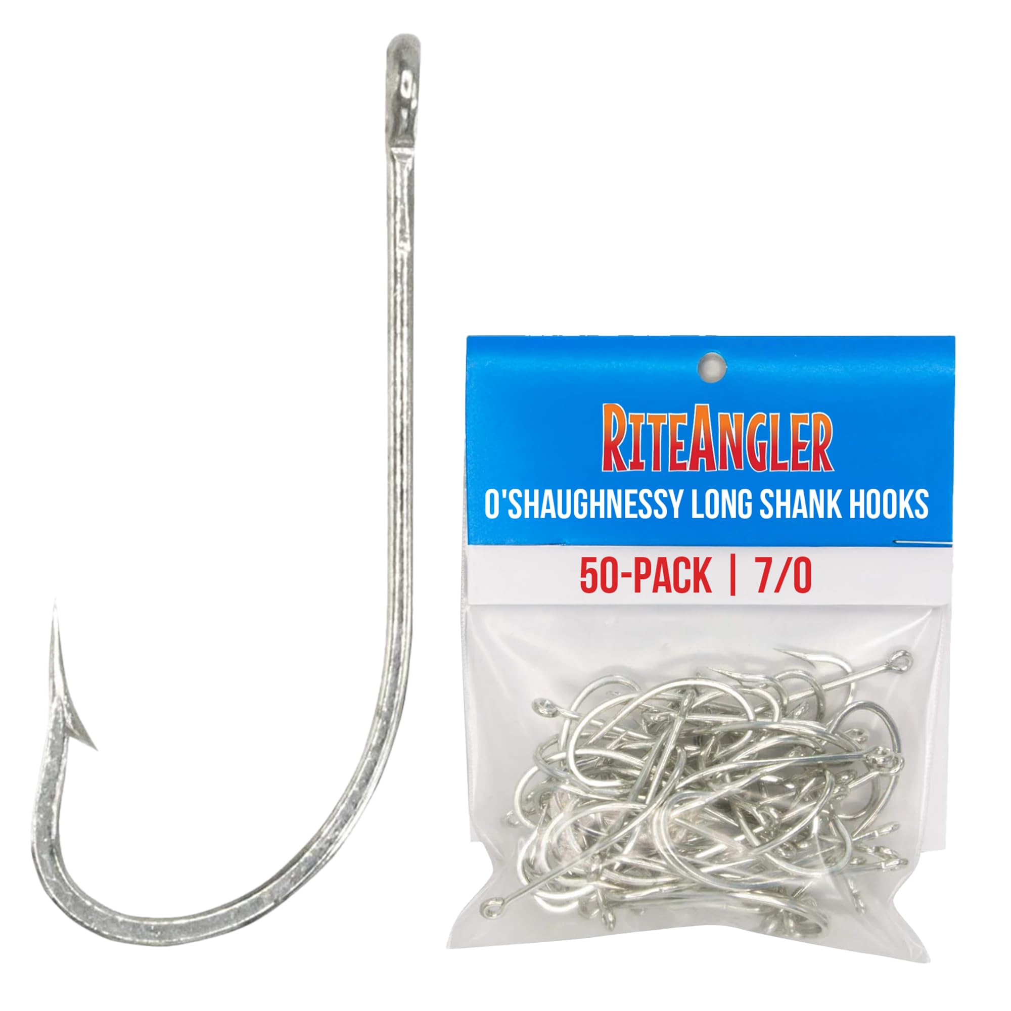Rite Angler O'Shaughnessy Long Shank Hooks 50-Pack for Inshore and Offshore Fishing, Trolling in Saltwater and Freshwater, Assorted Sizes #2, 1, 1/0,