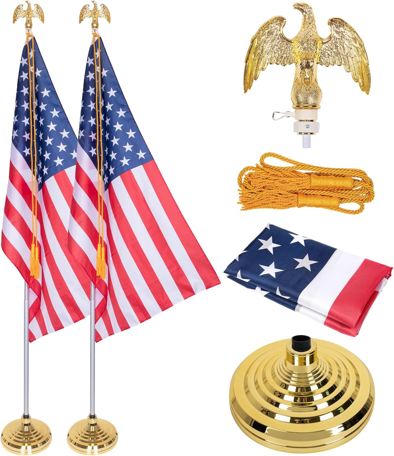 2 pack 8ft telescoping indoor flag pole kit golden eagle topper aluminum pole with base stand, 3x5ft us flag, heavy duty indoor flag pole for office school city hall…