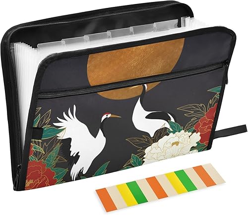 susiyo Expanding File Folder with 13 Pockets&Color Labels, Luxury Gold Floral Crane Oriental Style Accordian File Organizer Pouch Storage Zipper