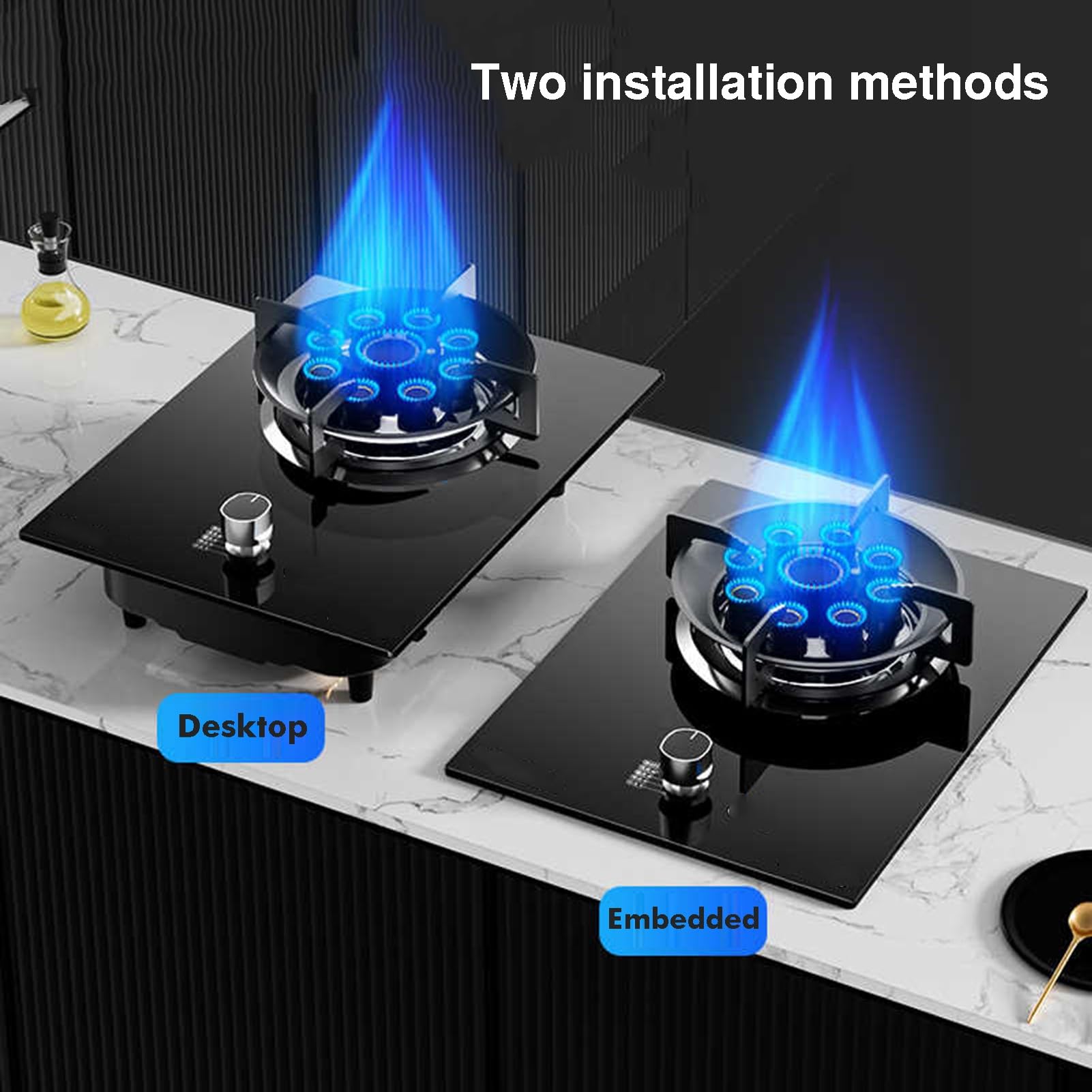Estufa de gas portátil, quemador de wok de alto calor con vidrio templado, encendido automático, protección contra llamas, doble uso para mesa o instalación integrada