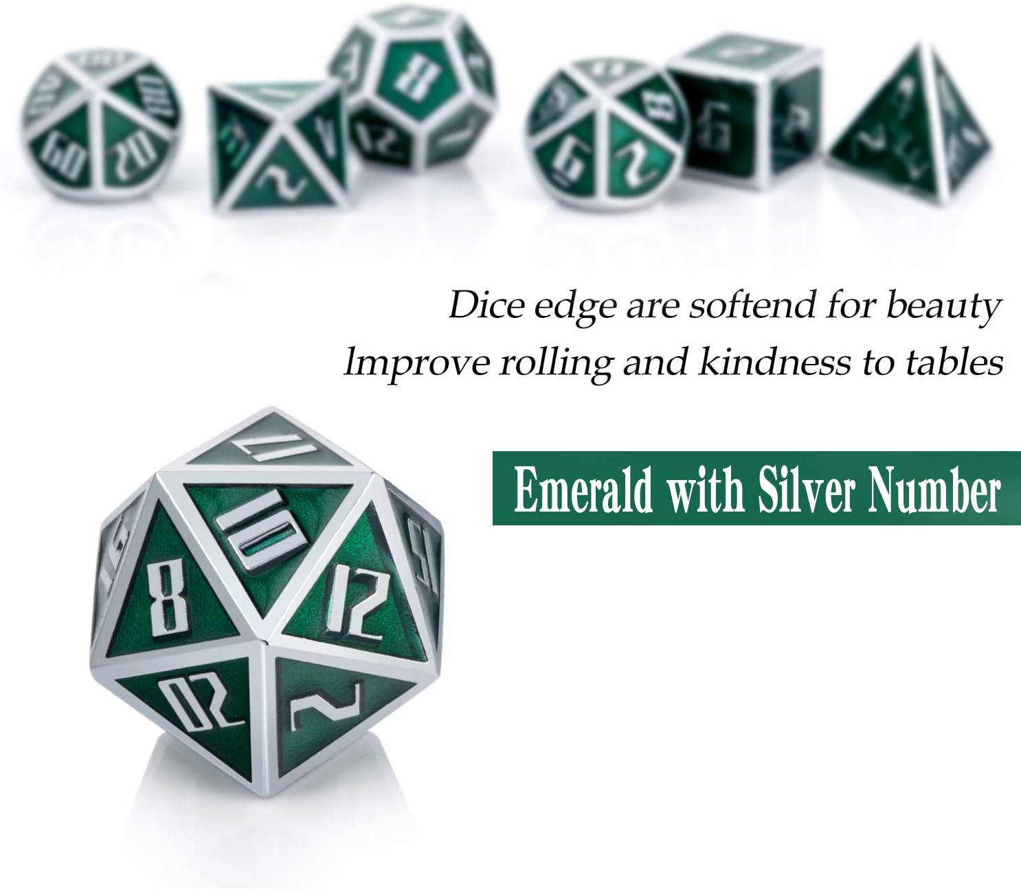 ALLCOLORED 16mm DND Dice Metal 7 Pieces D&D Polyhedral Dice Set Green Silver with Metal Case and Velvet Bag for Playing Tabletop Roleplay Games Dungeons and Dragons