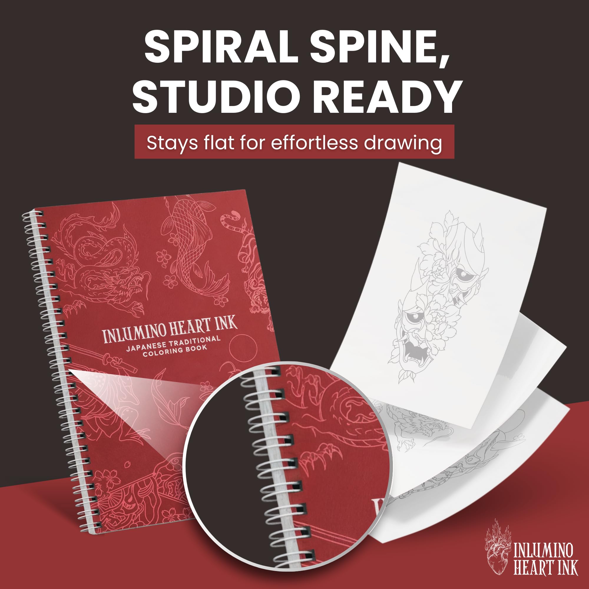 Inlumino Heart Ink Libro de práctica de tatuajes para colorear: tradicional japonés, libro de arte encuadernado en espiral con 40 diseños en páginas texturizadas de 240 g/m², uso con cartuchos de