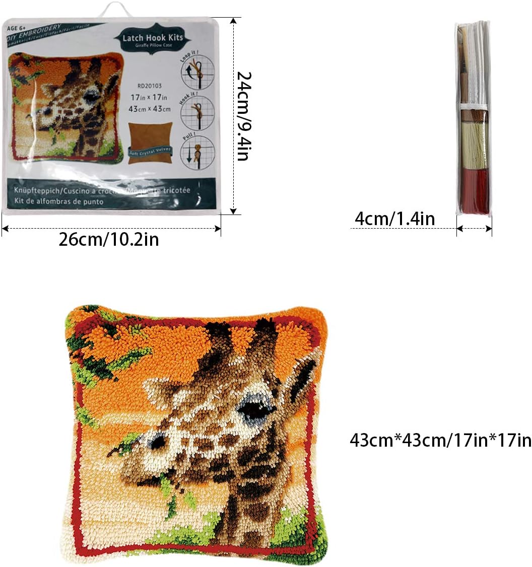 clubevy Latch Hook Kits DIY Throw Pillow Cover Crochet Crafts for Beginner Kids and Adults Handmade Crafts Home Decoration Festival Birthday Gift,Giraffe 17 * 17 inch