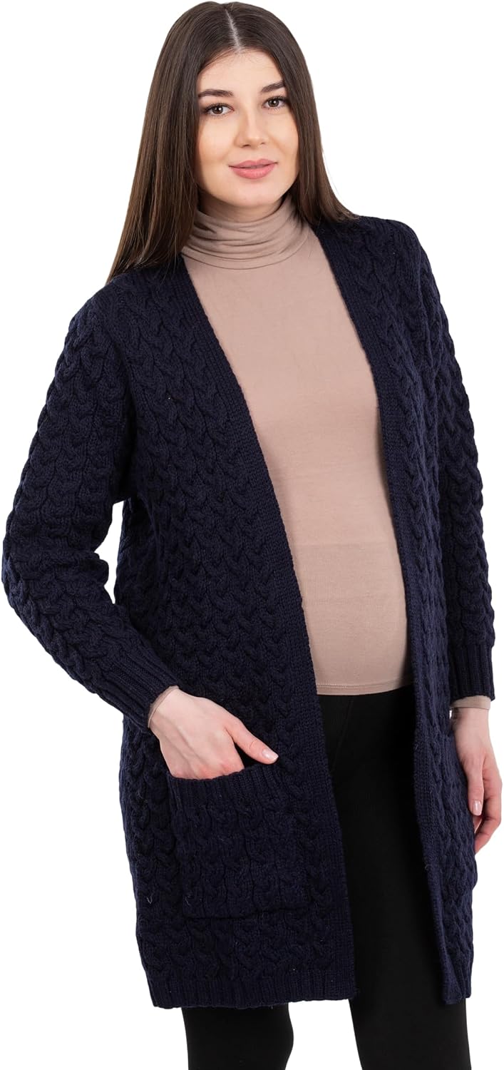 SAOL Pregnancy Aran Cardigan Coat for Women Irish Open Front Maternity with Pockets Merino Wool Fisherman Made in Ireland