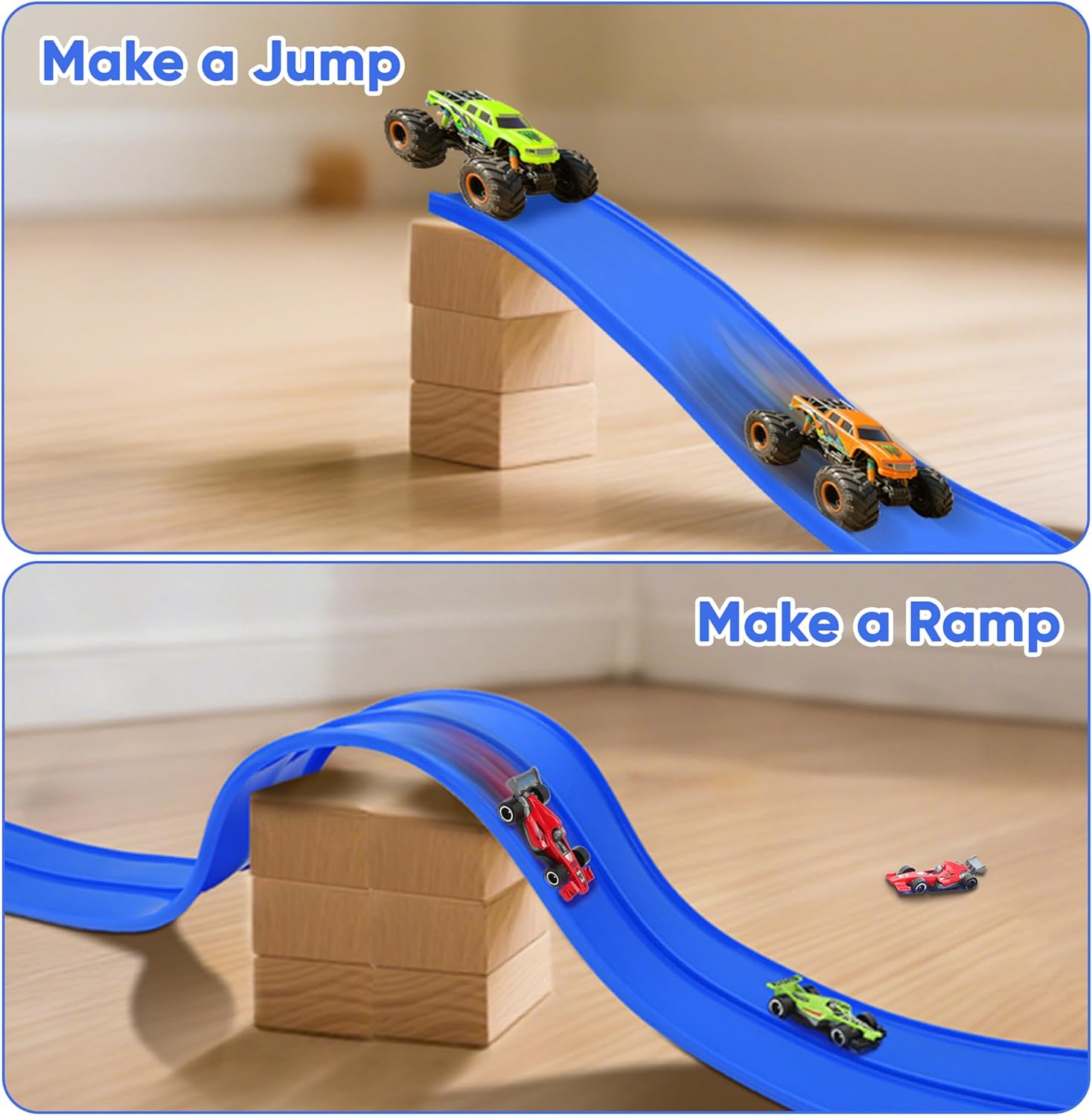 15 Ft Double Sided Flexible Race Track Set with 6 Toy Cars for Kids (Blue)