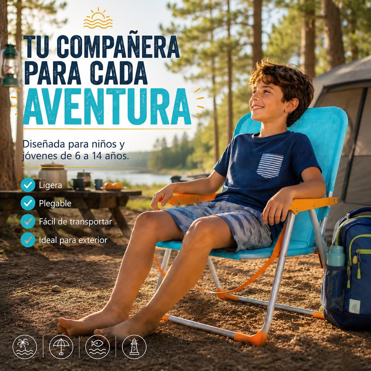 Silla de Camping para Niño Plegable - 24cm Altura Asiento - para Playa, Terraza, Jardin - Asa para Fácil Transporte y Reposabrazos - Ligera - Textileno y Aluminio - para Niños de 6 a 14 Años (Azul)