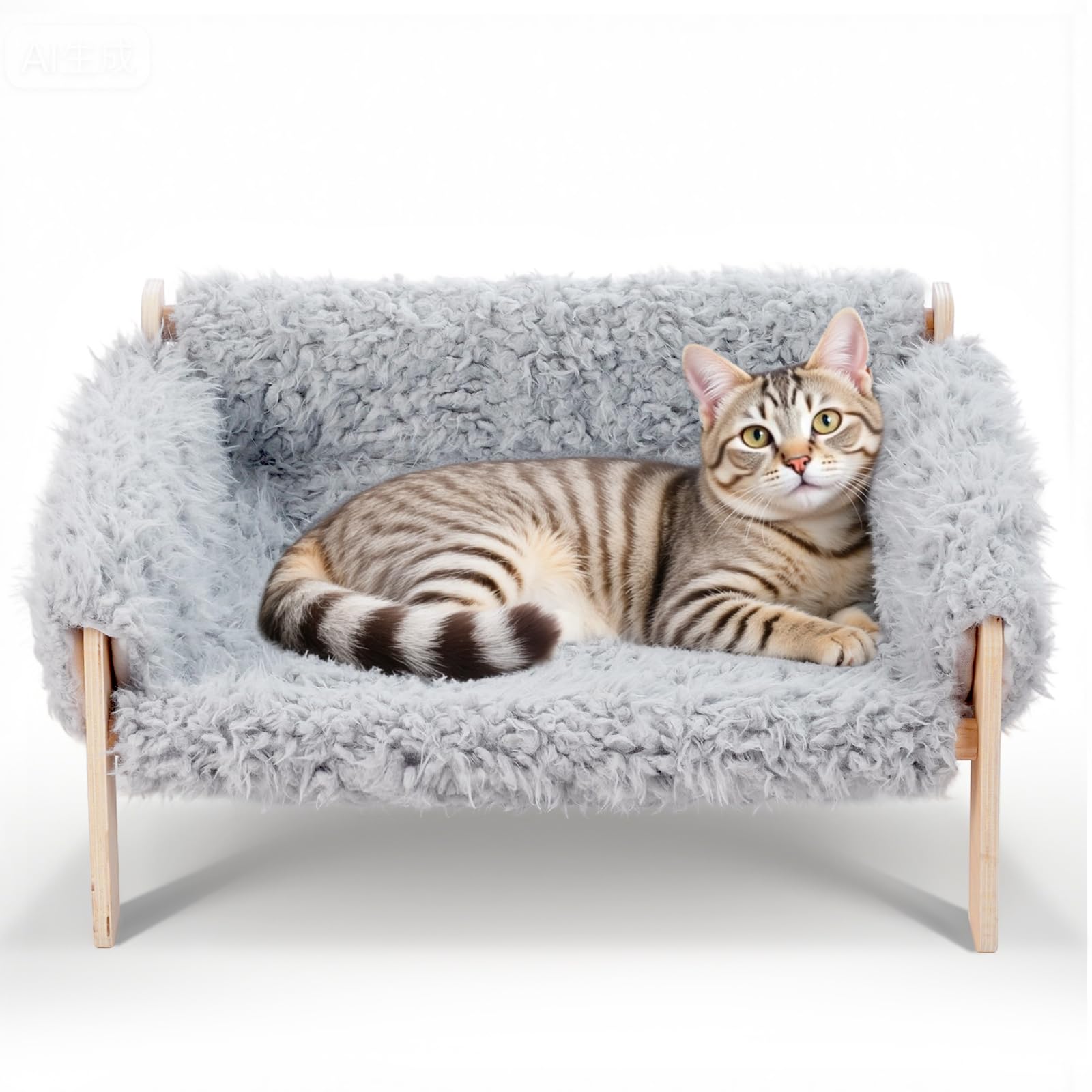 The Fellie Large Cat Sofa Bed, Sturdy Wooden Pet Sofas for Indoor Cats, Soft Cat Couch 56 x 45 x 27cm, Wooden Cats Hammock with Removable Washable Cover Hold up 10 kg, Grey