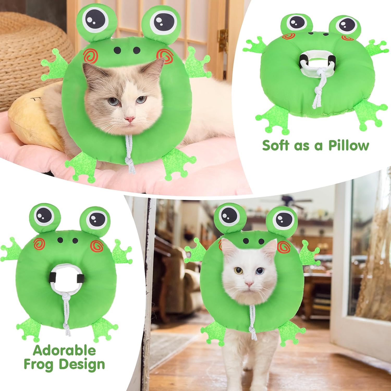 BEAUTYZOO Cat Cone Collar Soft, Cat Donut Recovery Collar after Surgery to Stop Licking, Kitten E Collars Neck Pillow Cone for Cats, Adjustable Elizabeth Pet Collars for Puppy Small Dogs, Green Frog S