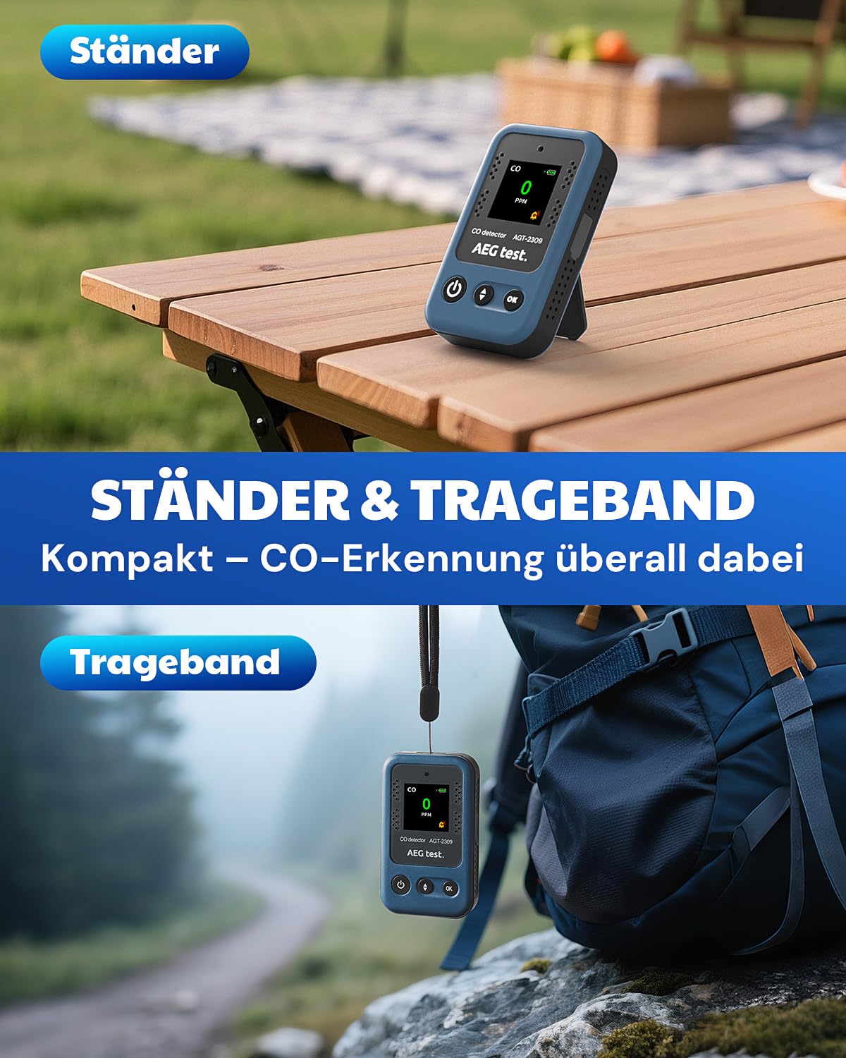 AGT-2309 Kohlenmonoxidmelder, 15 Tage Standby, Wiederaufladbarer Mini-CO-Monitor mit Umhängeband für Reisen & Camping, Handliches CO-Messgerät mit akustischen & visuellen, 0–1000 ppm – Blau