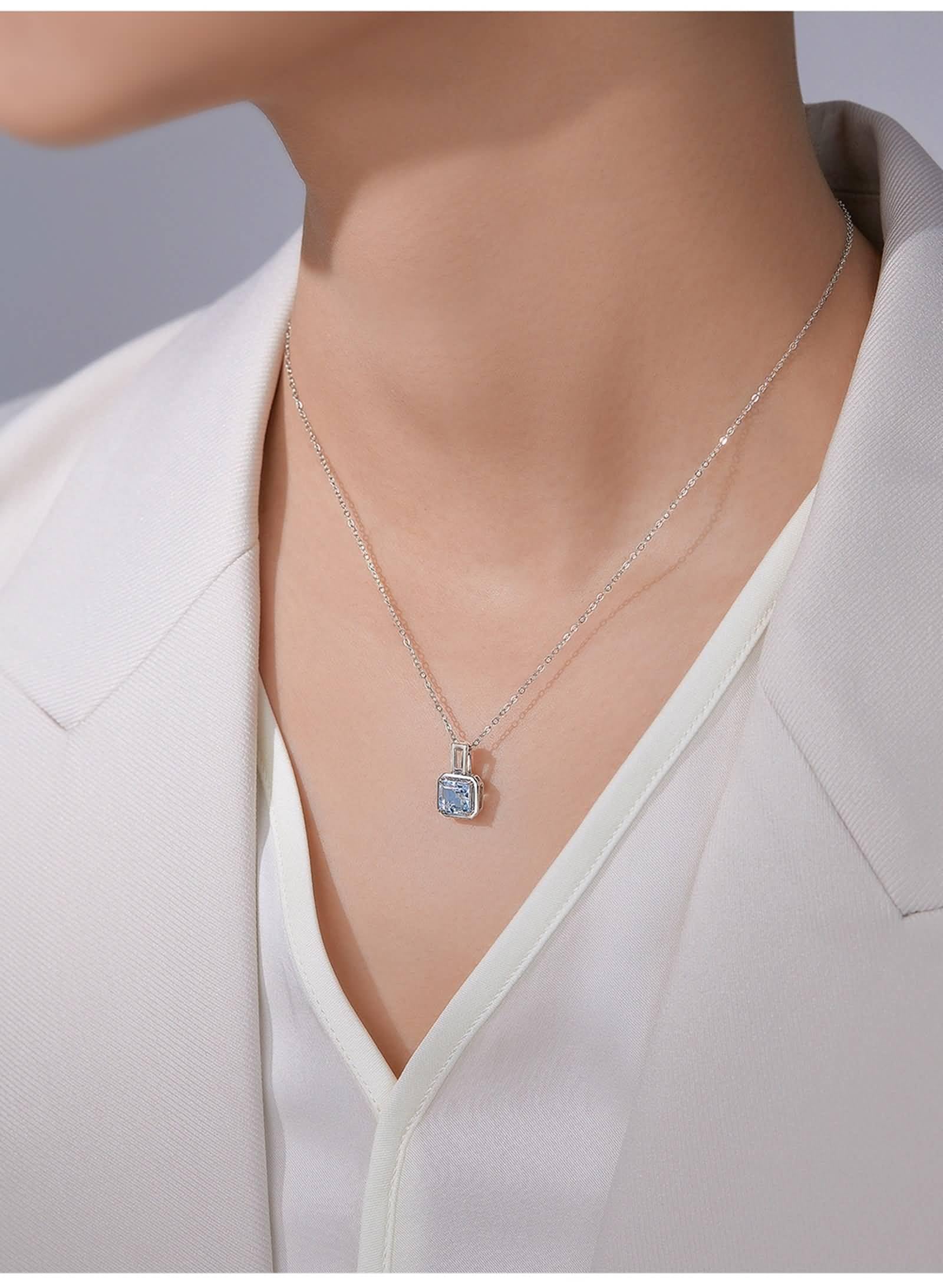 Collar de cadena de oro blanco de 18 quilates, colgante cuadrado de aguamarina de oro blanco, cadenas de 18 quilates para mujer