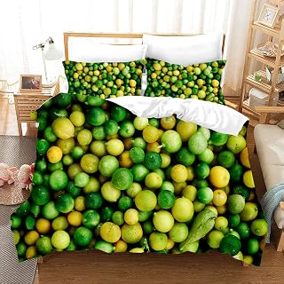 Odot Fruit Pattern Duvet Cover, Bedding Set 3 Pieces Microfiber Polyester 3D Printing 2 Pillowcases Single Double King Size Bed Girls Boys Zipper Easy Care (230×220cm,Lemon)
