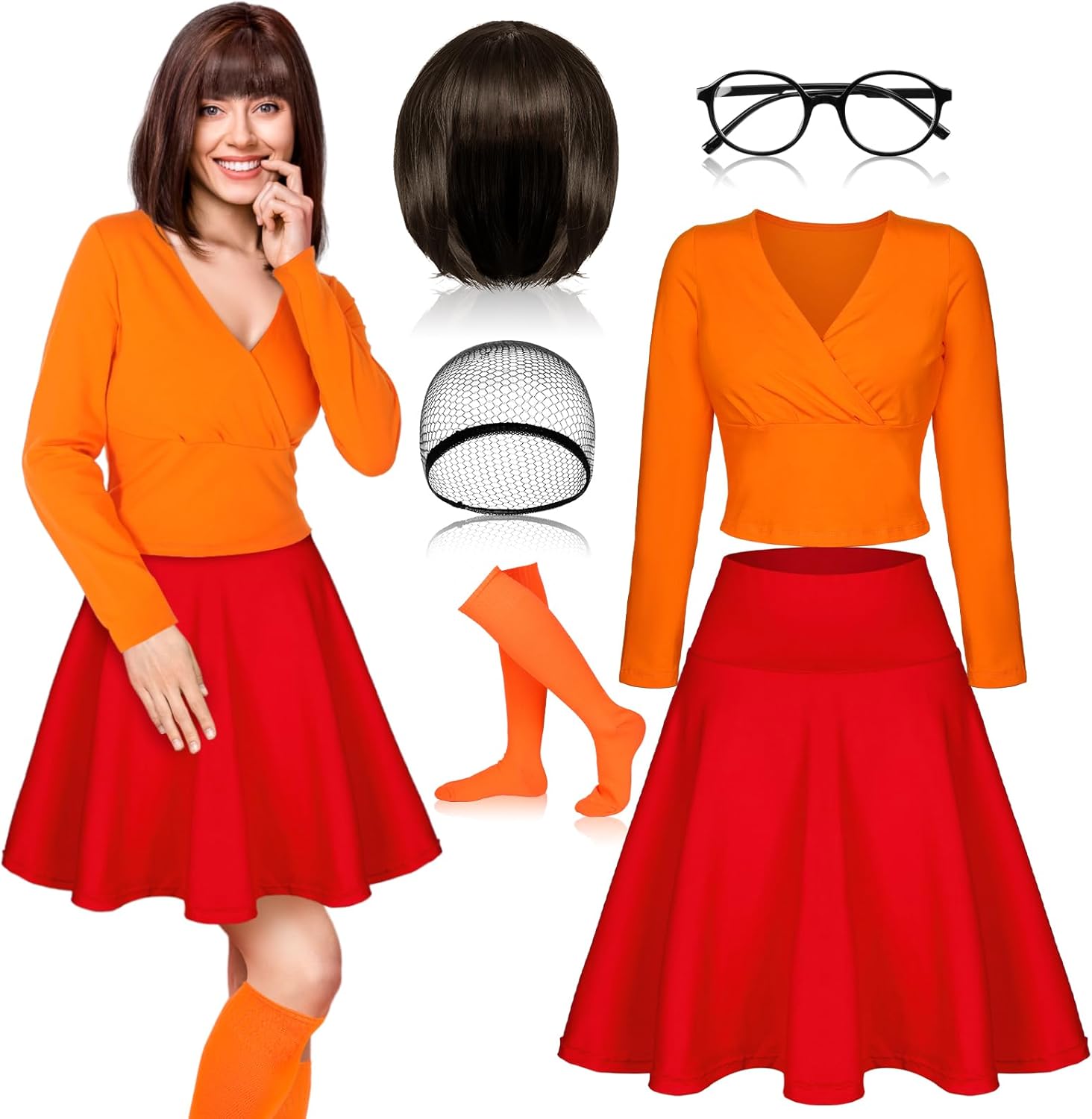 6 Pcs Halloween Adults Costume for Women Cosplay Orange Top Red Skater Skirt Brown Bob Wig Socks Glasses Costume