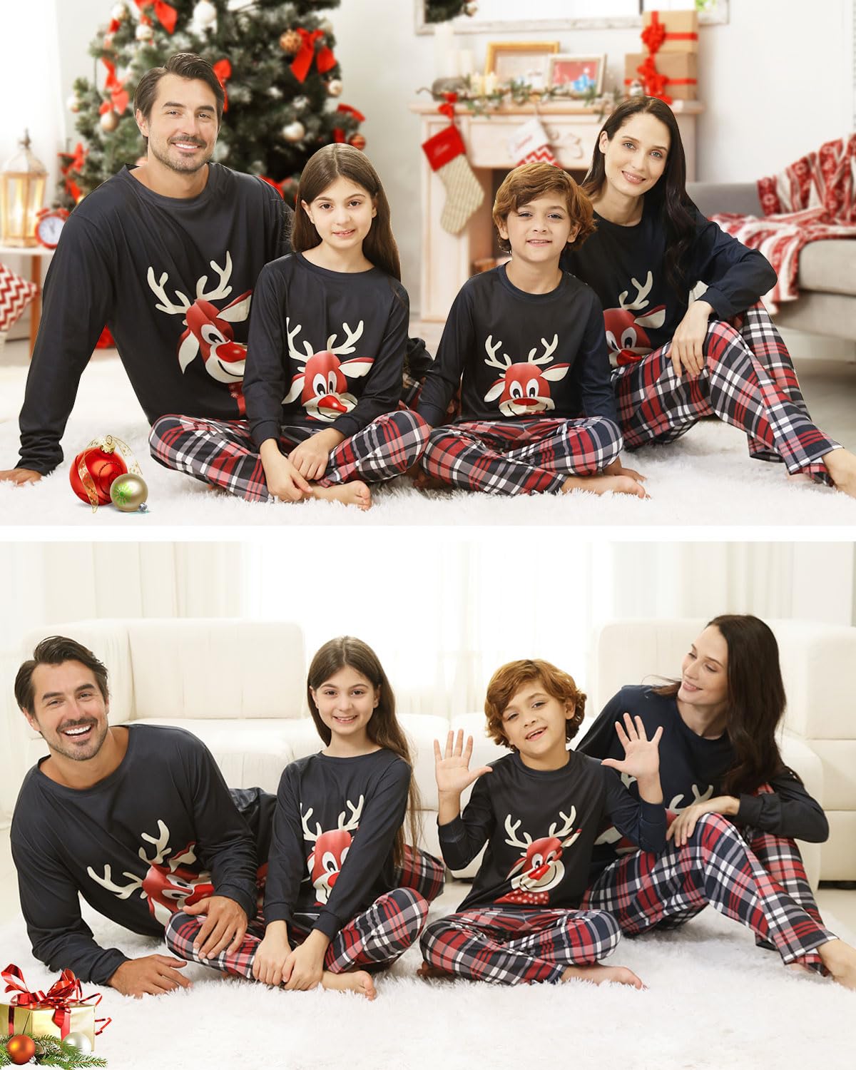 DDKJ Pijama Navidad Familia,Pijama Familiar Navidad con Estampado de Renos,Pijamas Navideños Familia Top Blanco y Pantalón de Cuadros Rojos,Blancos y Negros,Pijamas Navidad Mujer/Hombre/Niña/Niño